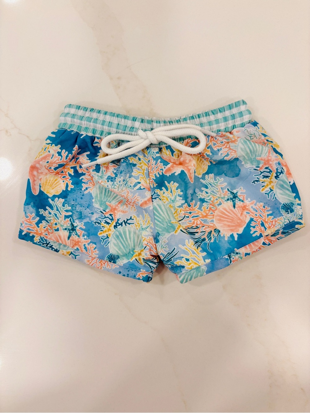 Like NEW Southern Darlin' Smocks Blue Coral Print Shortie Style Swim Trunks 12mo